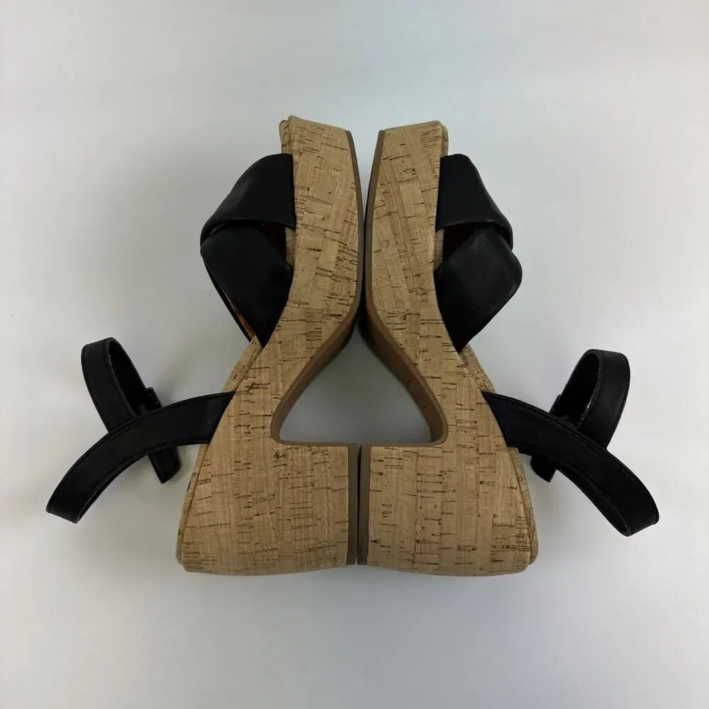 Korks Calda‎ Platform Sandal Black Leather Ankle Buckle Strap Cork Heel Womens 7